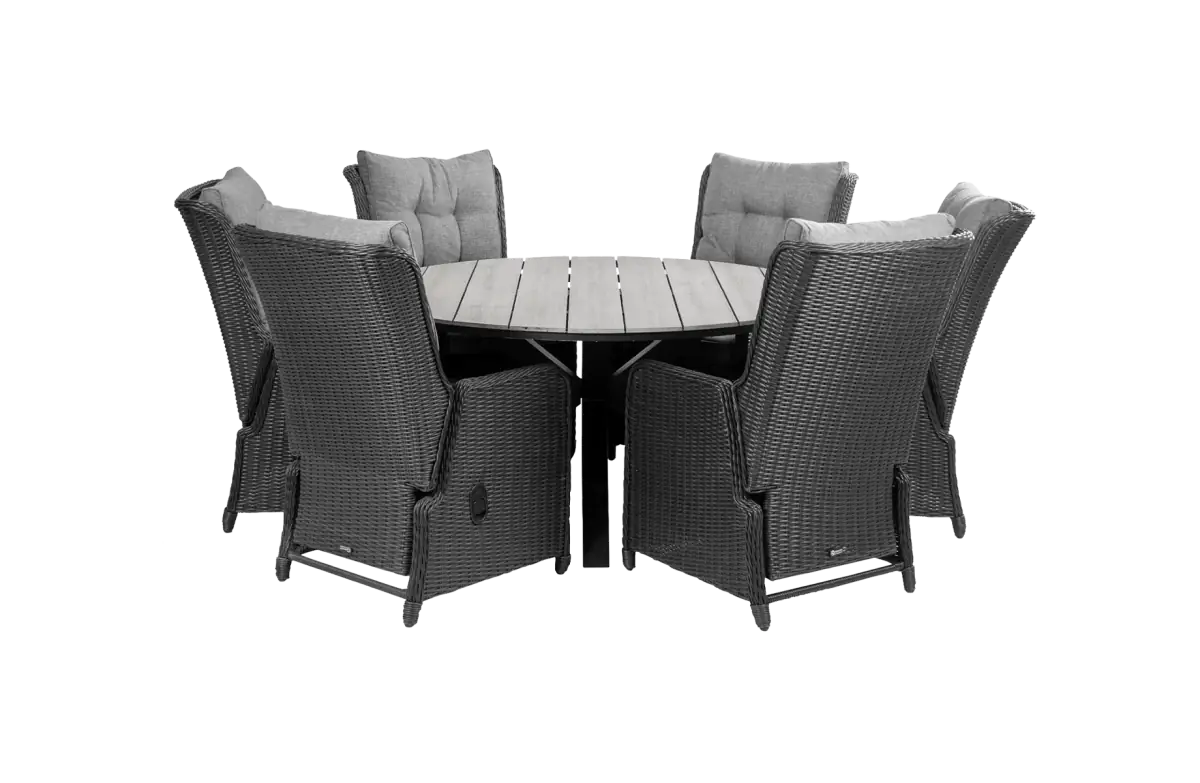 Dublin ronde tuinset-7 delige tuinset-Dublin verstelbare tuinstoel-black-polywood-wicker vlechtwerk