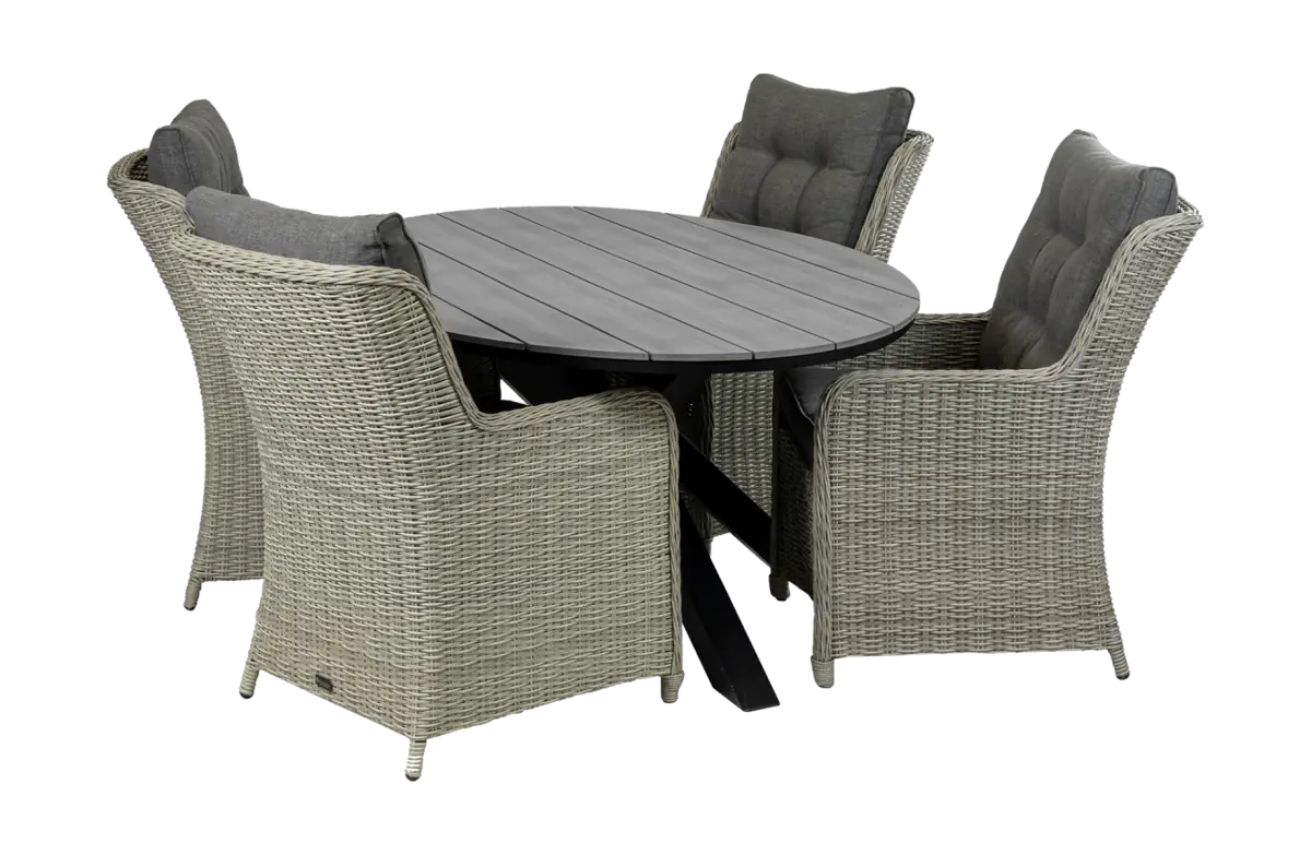 Dublin ronde tuinset-5 delige tuinset-Dublin tuinstoel-Mystic Grey-polywood tuintafel-wicker vlechtwerk-aluminium frame-