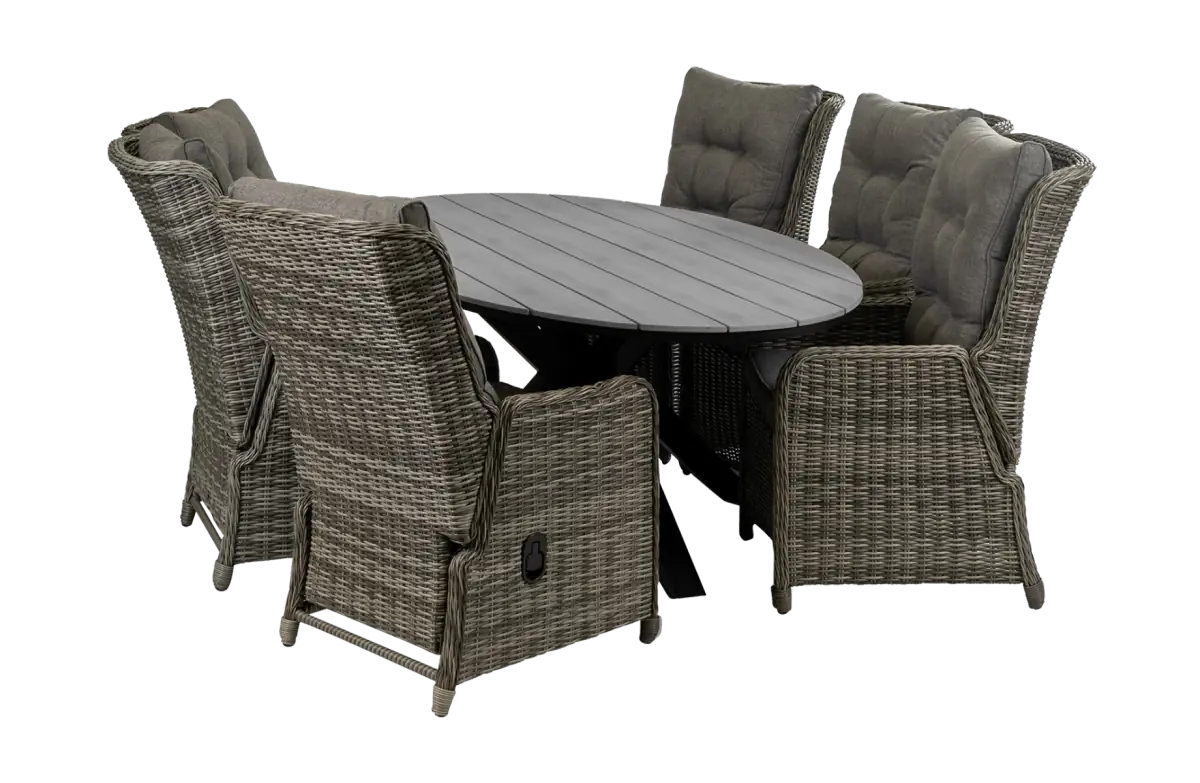 Dublin ronde tuinset-5 delige tuinset-Dublin verstelbare tuinstoel-Ash Grey-polywood tuintafel-wicker vlechtwerk-aluminium frame