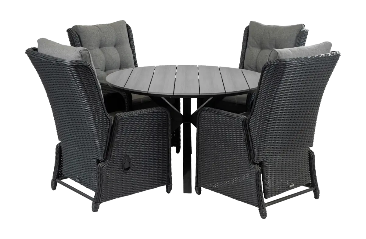 Dublin ronde tuinset-5 delige tuinset-Dublin verstelbare tuinstoel-Black-polywood tuintafel-wicker