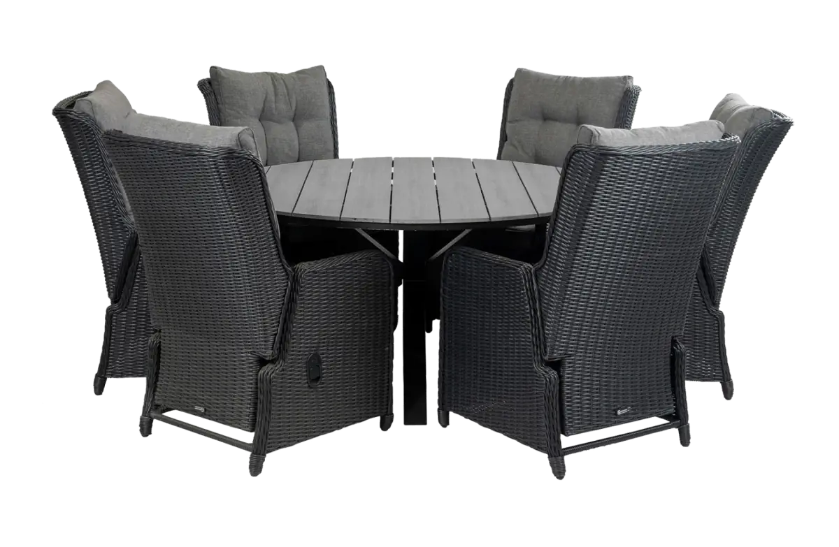 Dublin ronde tuinset-7 delige tuinset-Dublin verstelbare tuinstoel-black-polywood-wicker vlechtwerk