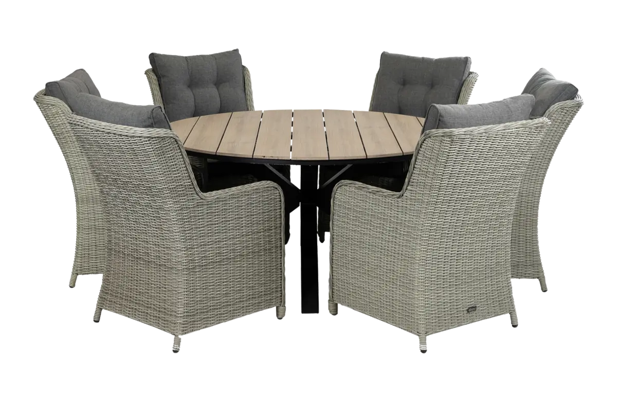 Dublin ronde tuinset-7 delige tuinset-dublin tuinstoel vast-Mystic Grey-polywood tuintafel-wicker-aluminium frame