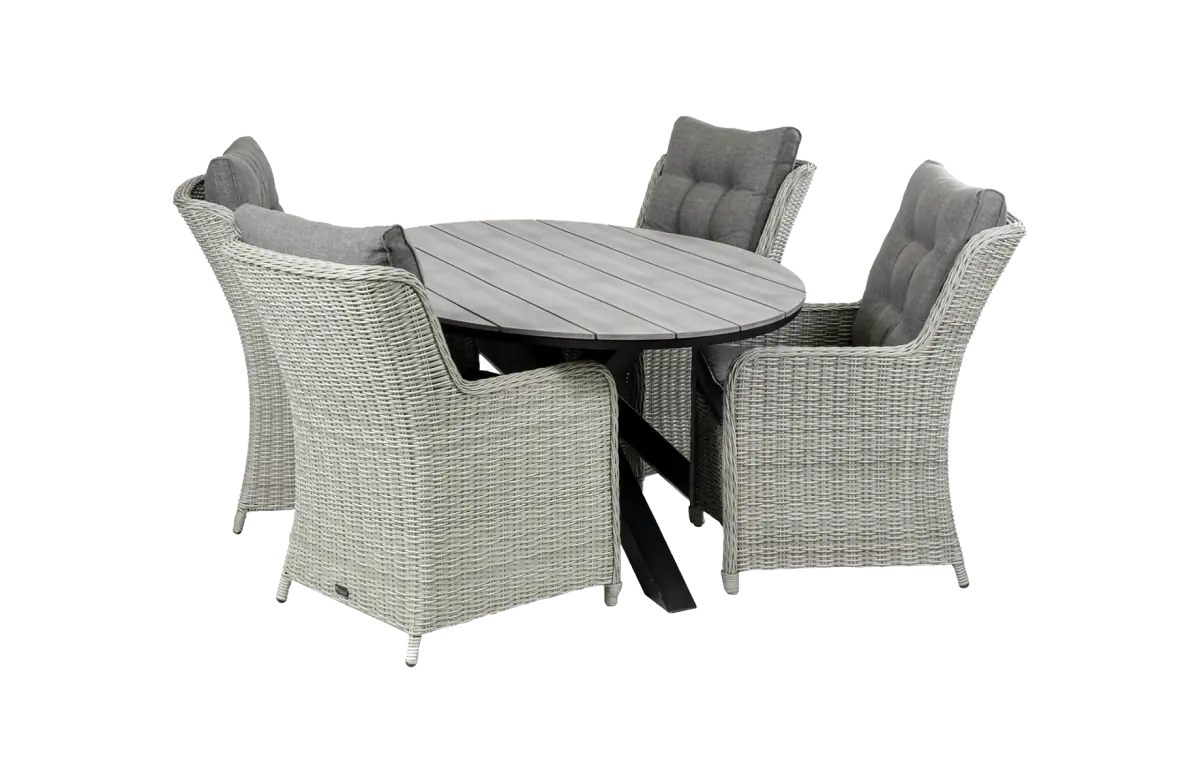 Dublin ronde tuinset-5 delige tuinset-Dublin tuinstoel-Mystic Grey-polywood tuintafel-wicker vlechtwerk-aluminium frame-
