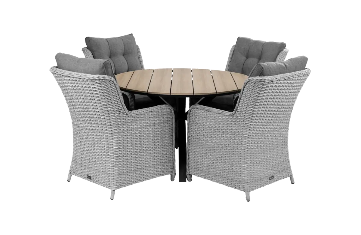 cyprus-tuintafel-wood-vaste-dublin-tuinstoelen-mystic grey-wicker vlechtwerk-aluminium frame-polywood tafelblad