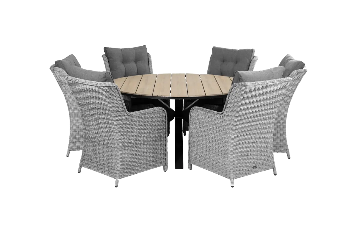 Dublin ronde tuinset-7 delige tuinset-dublin tuinstoel vast-Mystic Grey-polywood tuintafel-wicker-aluminium frame