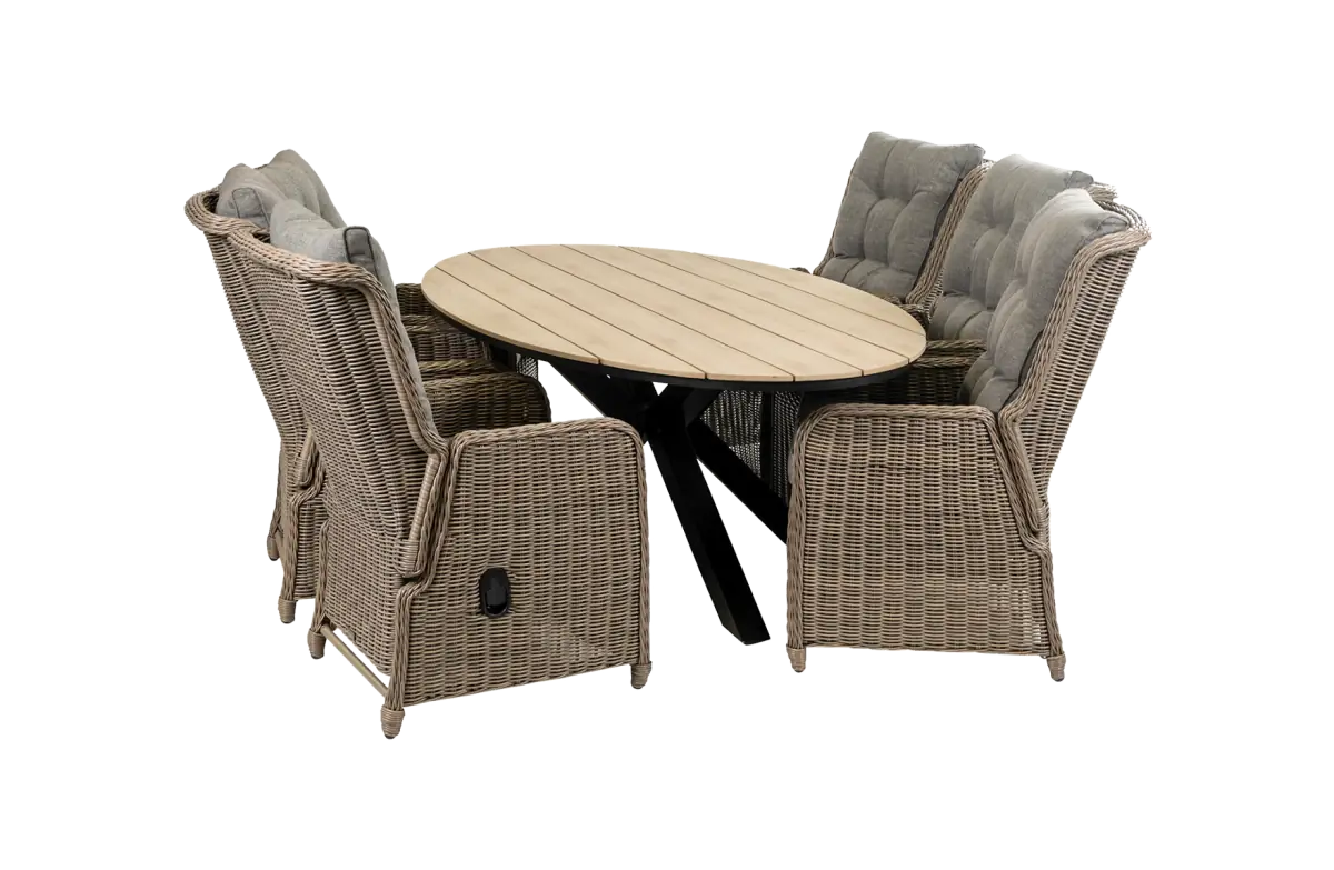7-delige tuinset | 6 Dublin verstelbare stoelen (SW) | 220cm ovale Cyprus tuintafel (Wood)