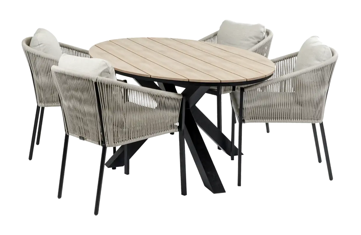 5-delige tuinset | 4 Elvira tuinstoelen (Black) | Tuintafel Cyprus 180x115cm (Wood)