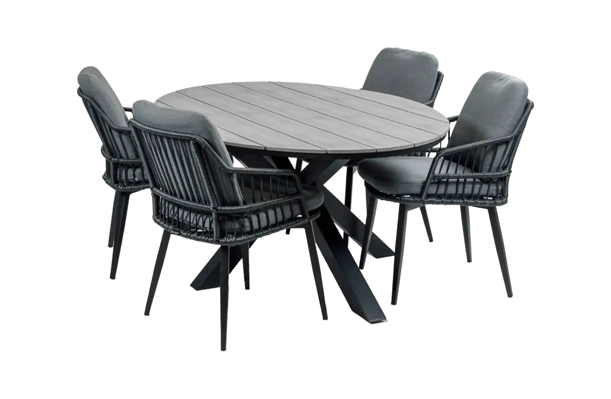 5-delige tuinset | 4 Isabel tuinstoelen (Black) | 180 cm ovale Cyprus tuintafel (Grey)