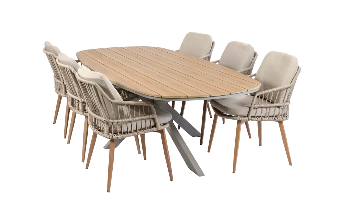 7-delige tuinset | 6 Isabel tuinstoelen (Sand/Wood) | Tuintafel Cadiz 240x115cm (Camel)