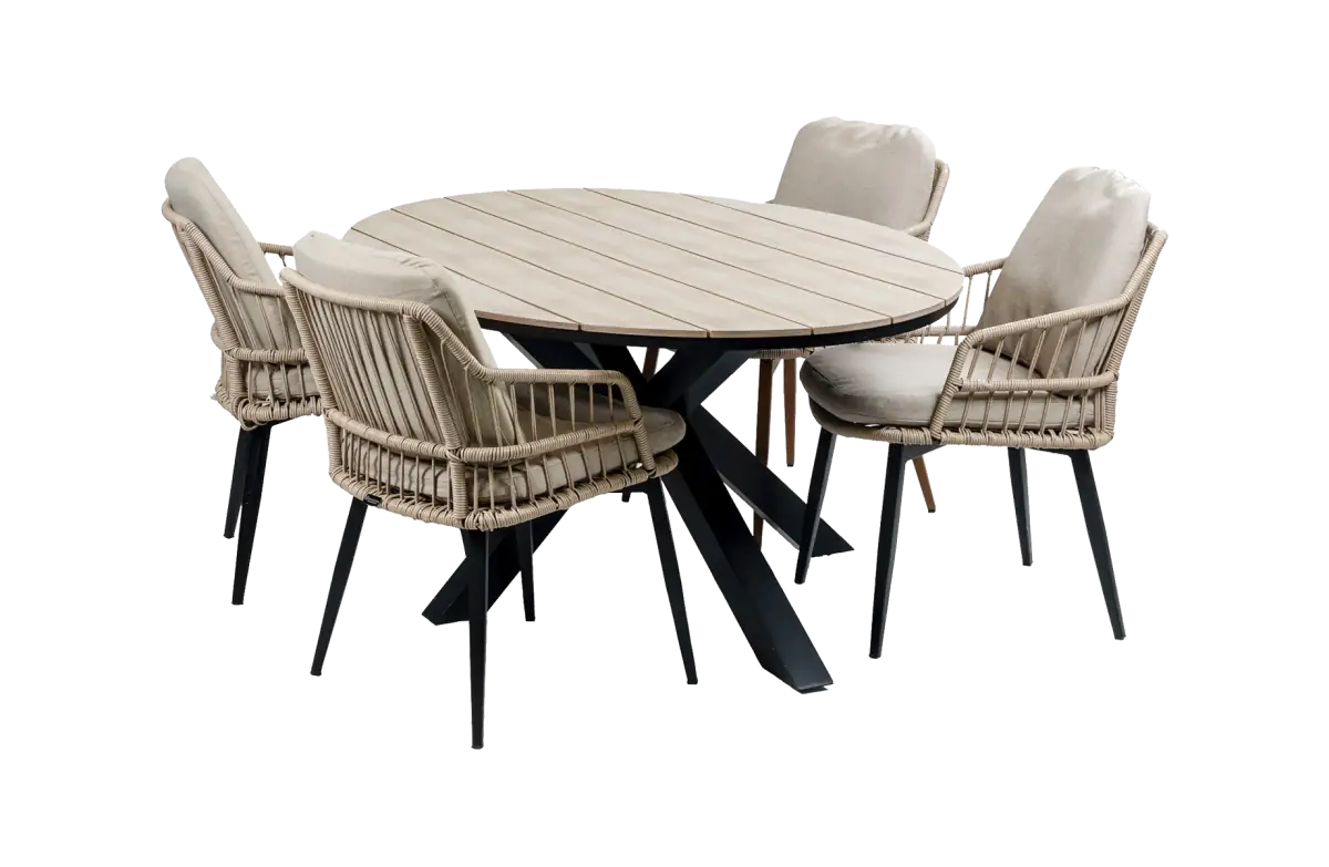 5-delige tuinset | 4 Isabel stoelen (Sand) | 180 cm ovale Cyprus tuintafel (Wood)
