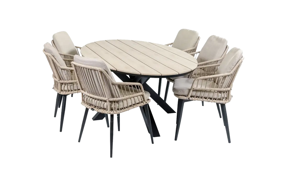 7-delige tuinset | 6 Isabel stoelen (Sand) | 220cm ovale Cyprus tuintafel (Wood)