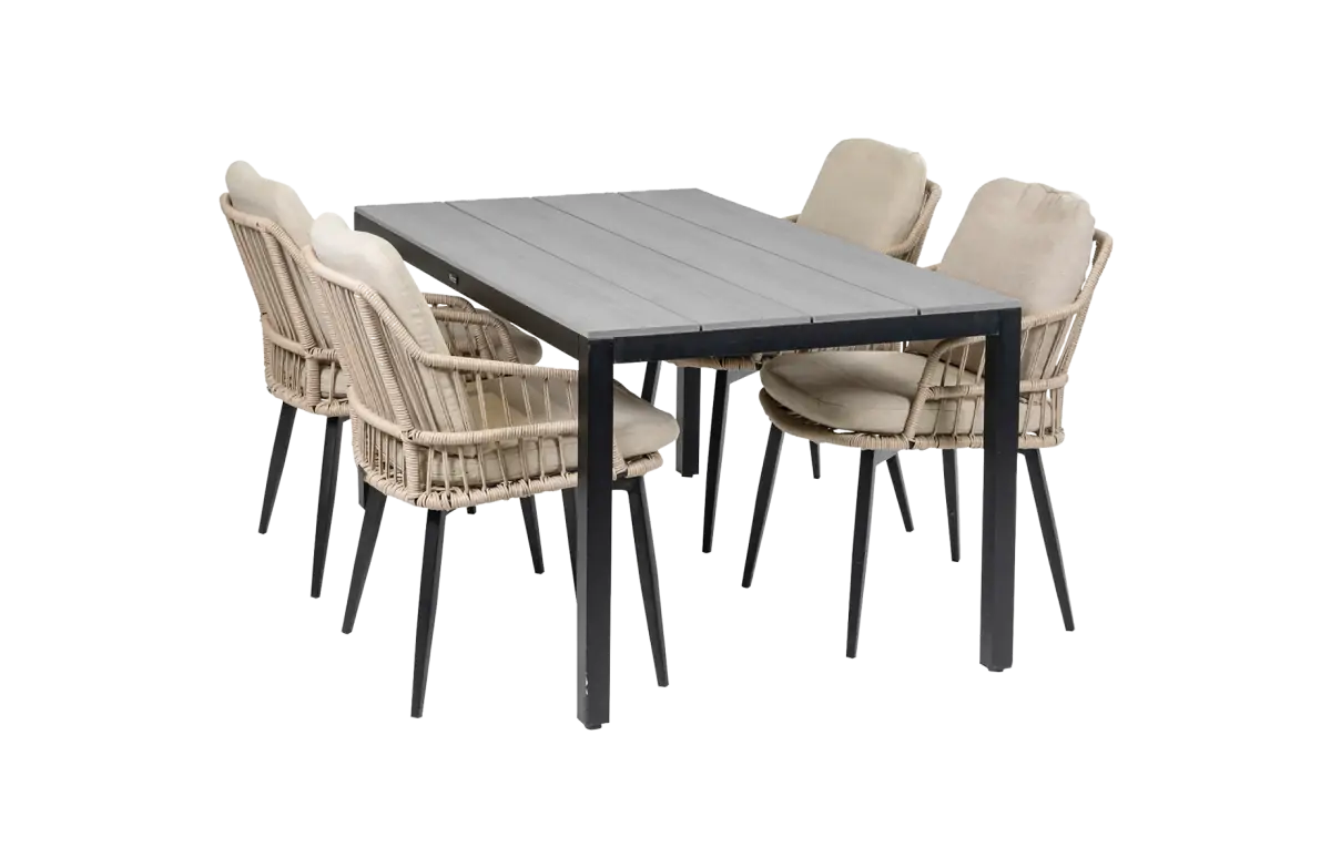 5-delige tuinset | 4 Isabel stoelen (Sand) | 160cm Cyprus tuintafel (Grey)