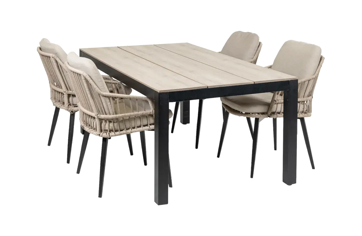 5-delige tuinset | 4 Isabel stoelen (Sand) | 180cm Cyprus tuintafel (Wood)