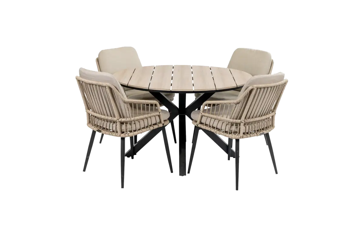 5-delige ronde tuinset | 4 Isabel tuinstoelen (Sand) | ø120cm Cyprus tuintafel (Wood)