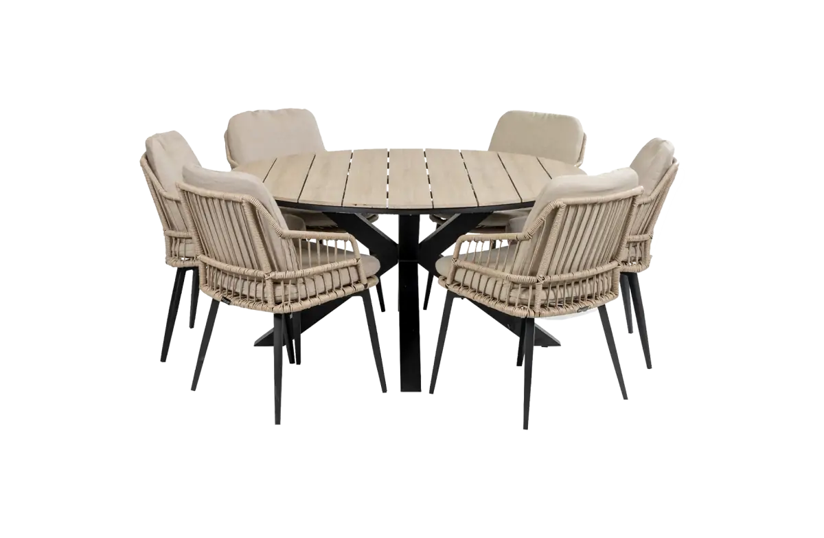 7-delige ronde tuinset | 6 Isabel tuinstoelen (Sand) | ø150cm Cyprus tuintafel (Wood)