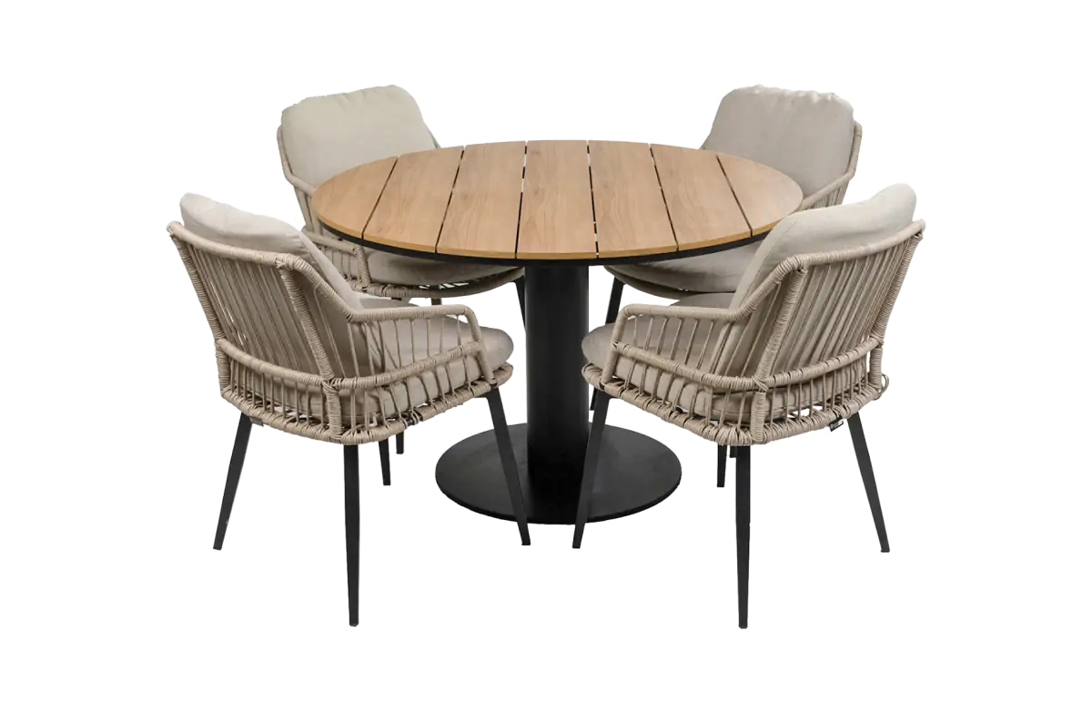 Isabel-Sand-Tower-tuintafel-rond-5delig-modern-stevig-4-seizoenen-tuinmeubelen