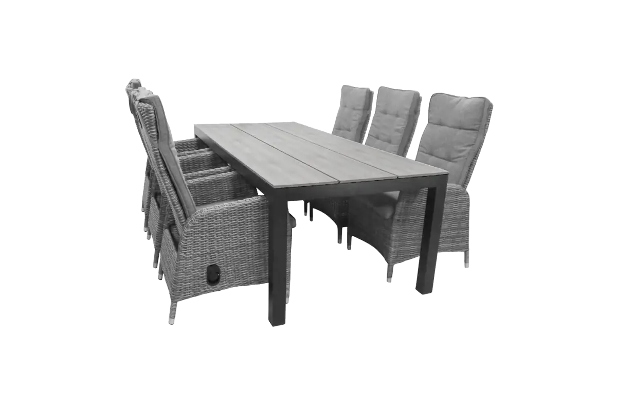 7 delige tuinset-6 kos verstelbare tuinstoelen-Ash Grey-Cyprus tuintafel-grey-polywood tafelblad-wicker-aluminium frame-vooraanzicht