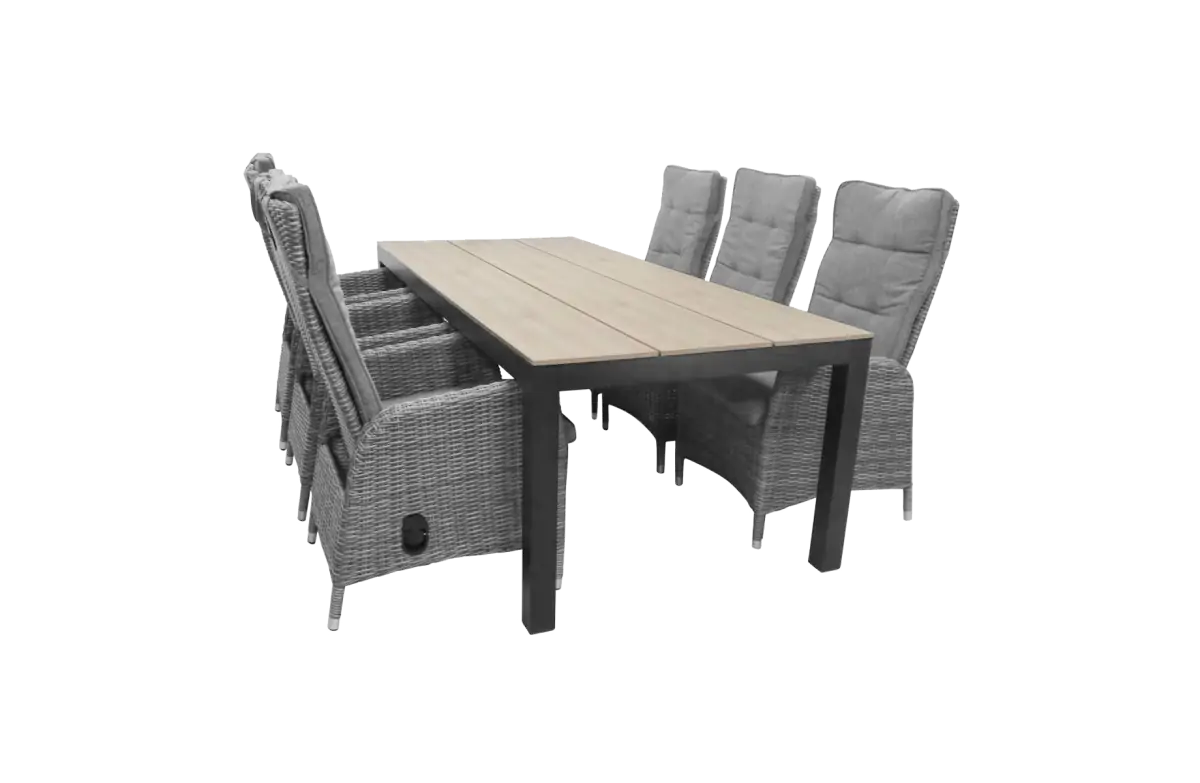 7-delige tuinset | 6 Kos verstelbare stoelen (AG) | 225cm Cyprus tuintafel (Wood)
