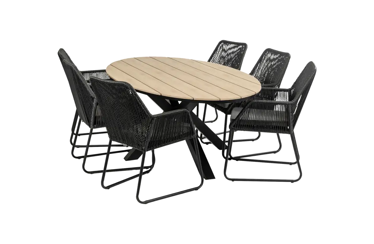 Mona ovale tuinset-7 delige tuinset-Cyprus ovale tuintafel-wood kleur tafelblad-Rope tuinstoel-Tuinstoel kleur black