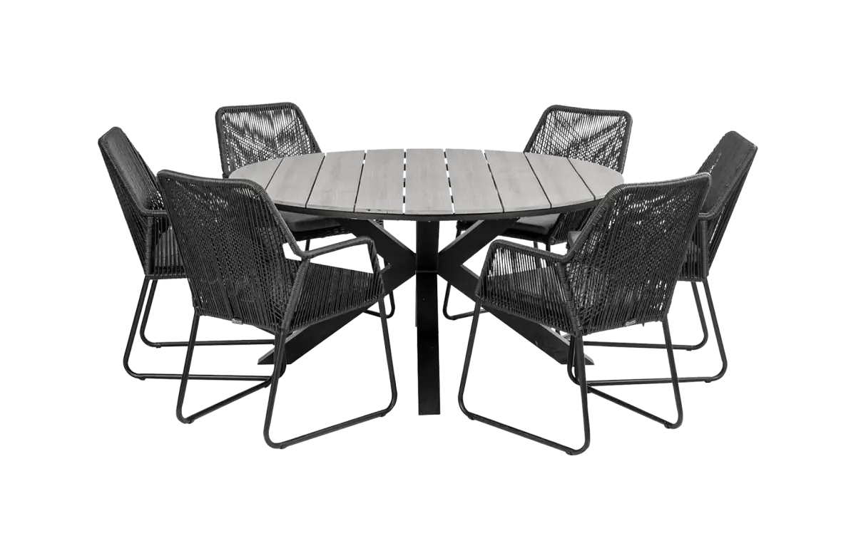 7-delige ronde tuinset | 6 Mona tuinstoelen (Black) | ⌀150cm Cyprus tuintafel (Grey)