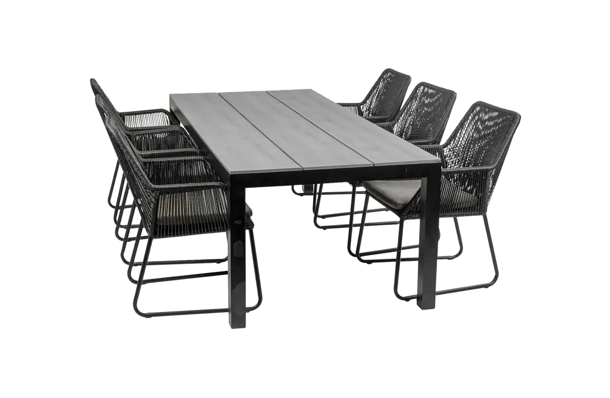 7-delige tuinset | 6 Mona tuinstoelen (Black) | 225cm Cyprus tuintafel (Grey)