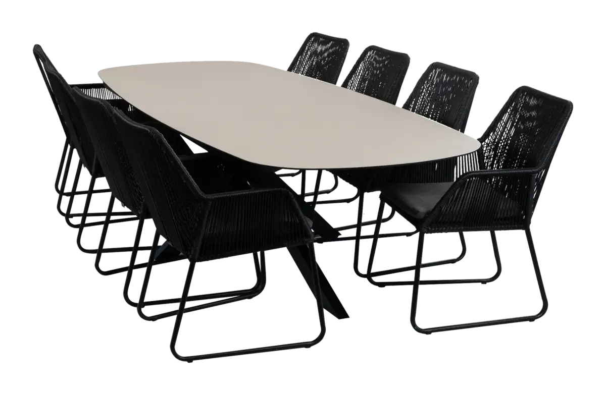 9-delige tuinset | 8 Mona tuinstoelen (Black) | Tuintafel Malaga 280x115cm (Black)