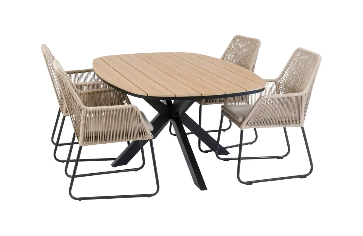 5-delige tuinset | 4 Mona tuinstoelen (Sand) | Tuintafel Cadiz 180x115cm (Black)