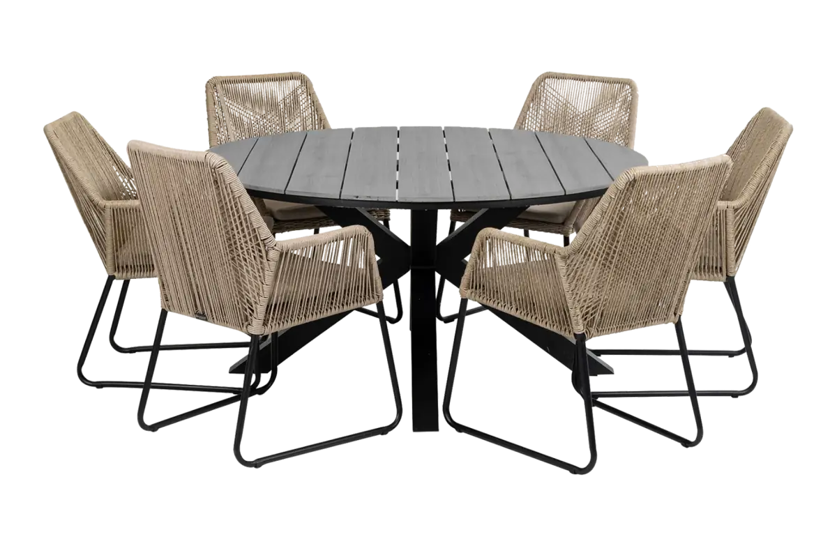 Mona ronde tuinset-7 delige tuinset-Mona tuinstoel-Rope-cyprus tuintafel-aluminium frame