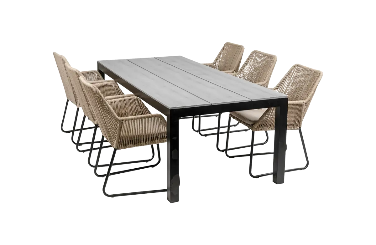 7-delige tuinset | 6 Mona tuinstoelen (Sand) | 225cm Cyprus tuintafel (Grey)