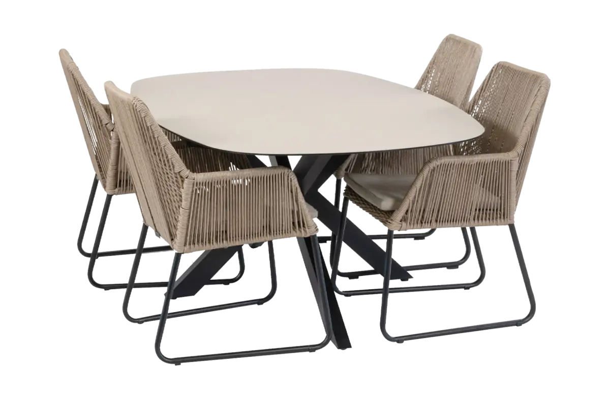 5-delige tuinset | 4 Mona tuinstoelen (Sand) | Tuintafel Malaga 180x115cm (Black)