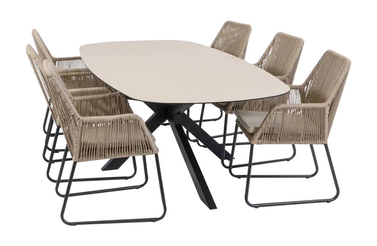 7-delige tuinset | 6 Mona tuinstoelen (Sand) | Tuintafel Malaga 240x115cm (Black)