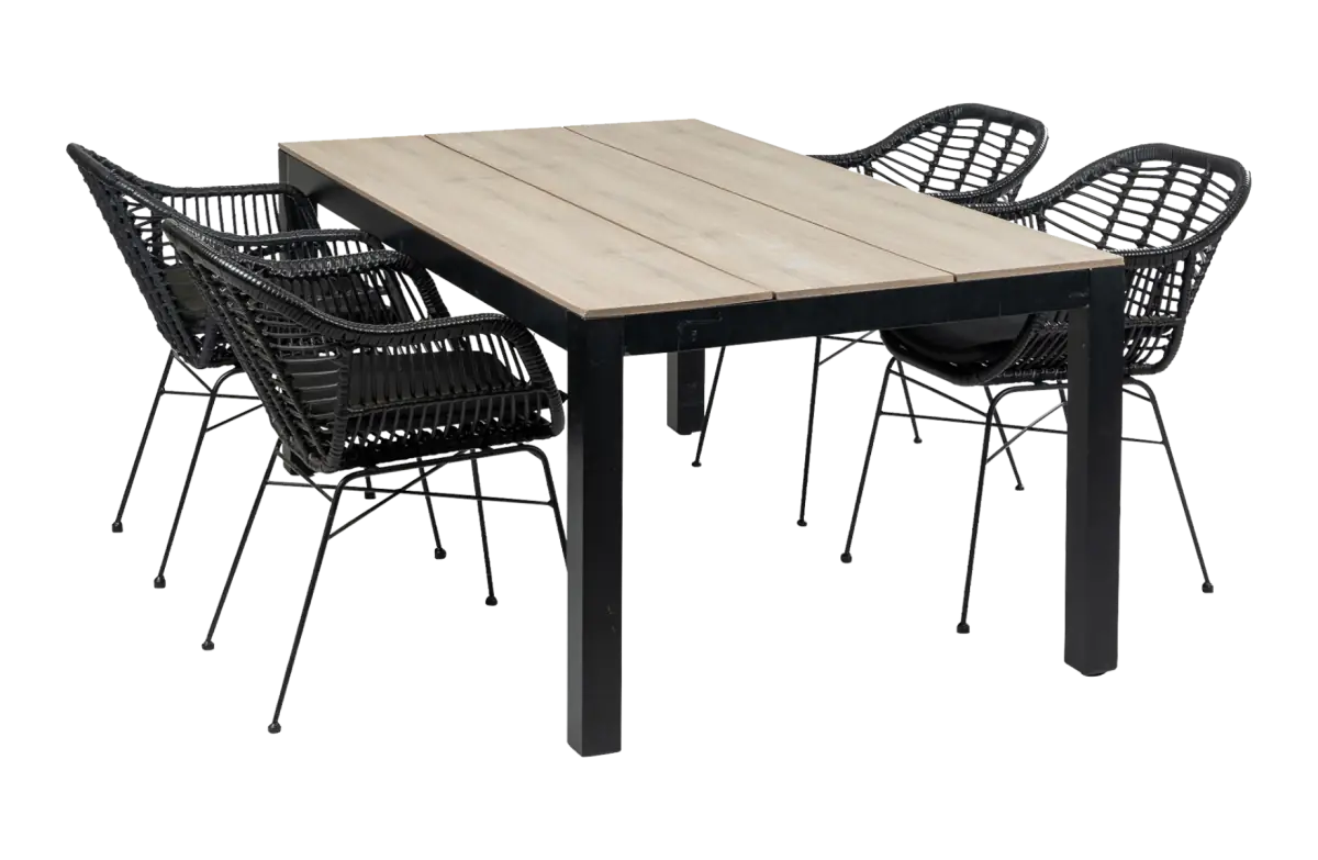 5-delige tuinset | 4 Oslo dining tuinstoelen (Black) | 160cm Cyprus tuintafel (Wood)