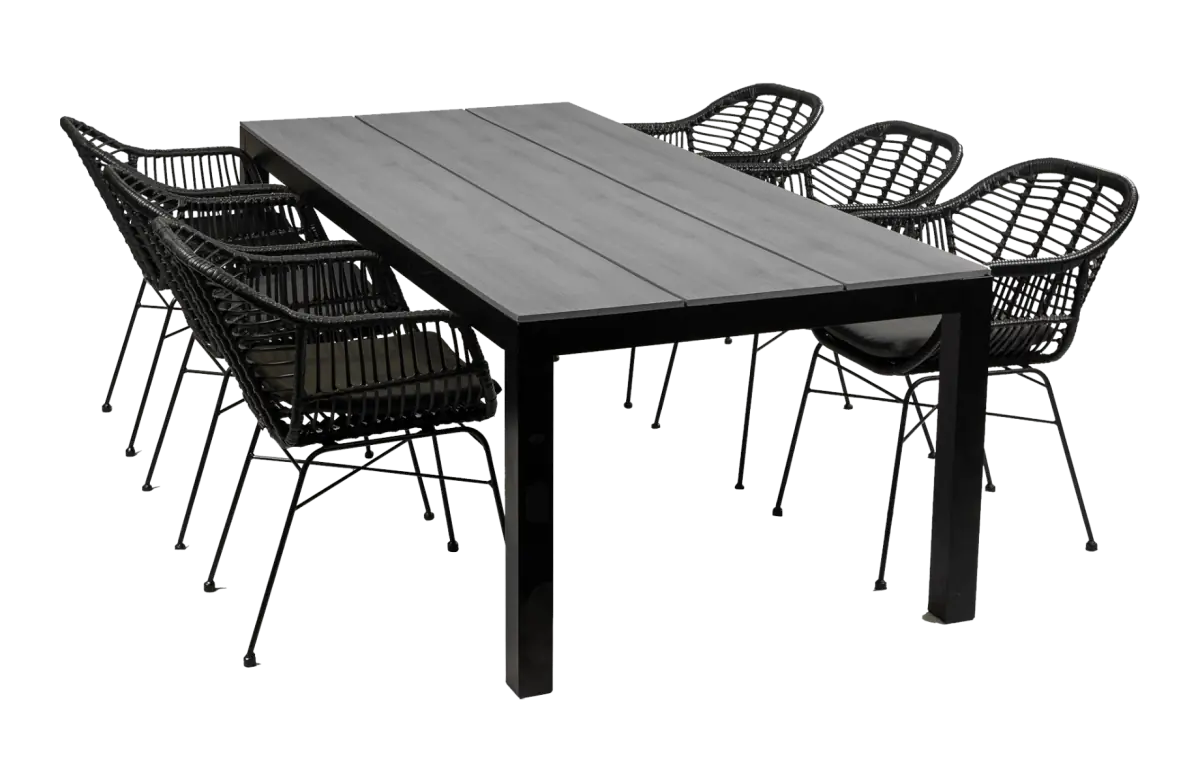 Oslo tuinset-7 delige tuinset-Oslo dining tuinstoel black-polywood tuintafel-grey  kleur-rond wicker vlechtwerk-aluminium frame