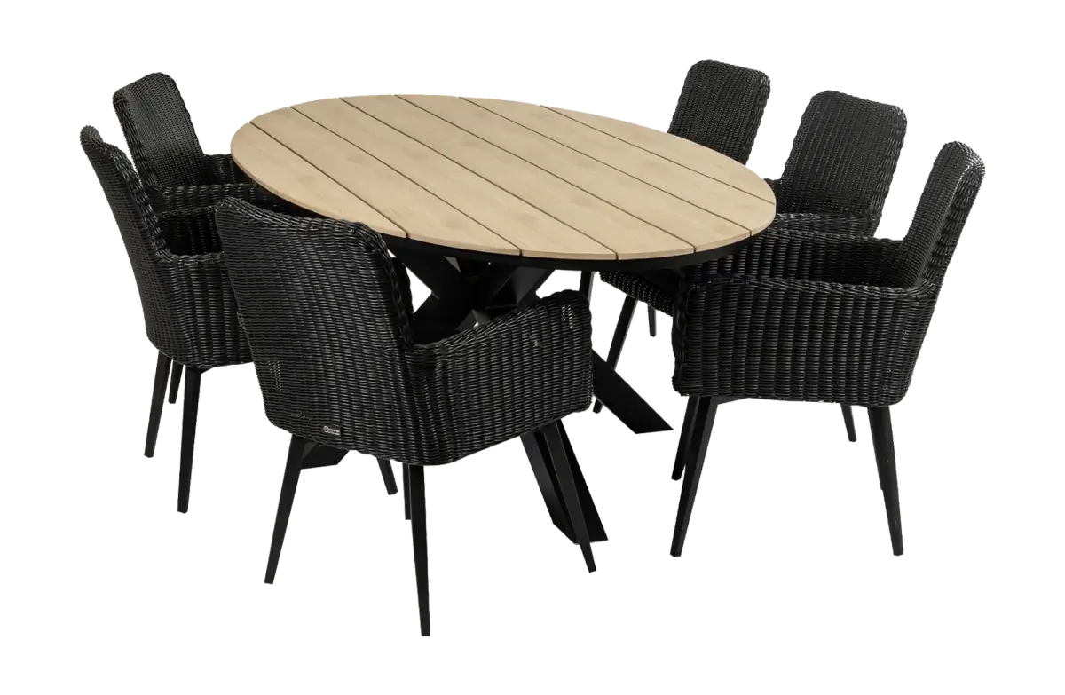 sa dining tuinset-7 delige tuinset-Pisa tuinstoel black-polywood tuintafel-rond wicker vlechtwerk-aluminium frame