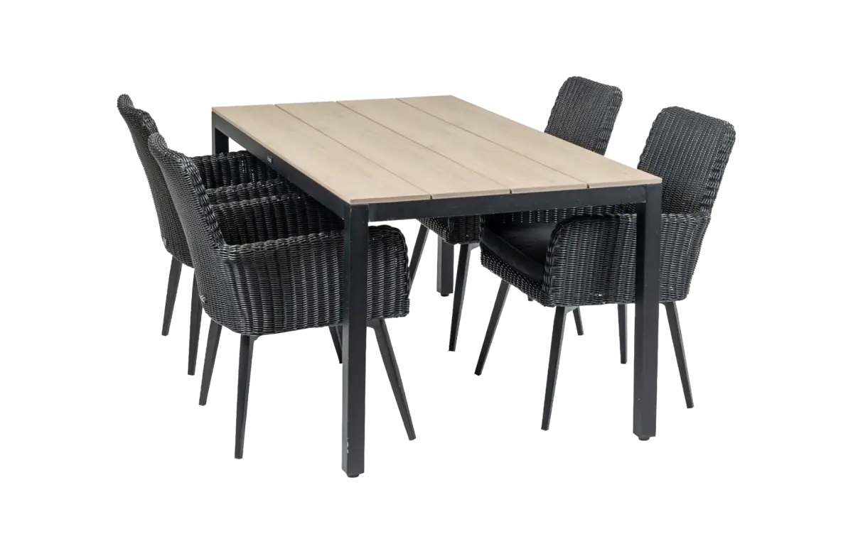 5-delige tuinset | 4 Pisa stoelen (Black) | 160cm Cyprus tuintafel (Wood)