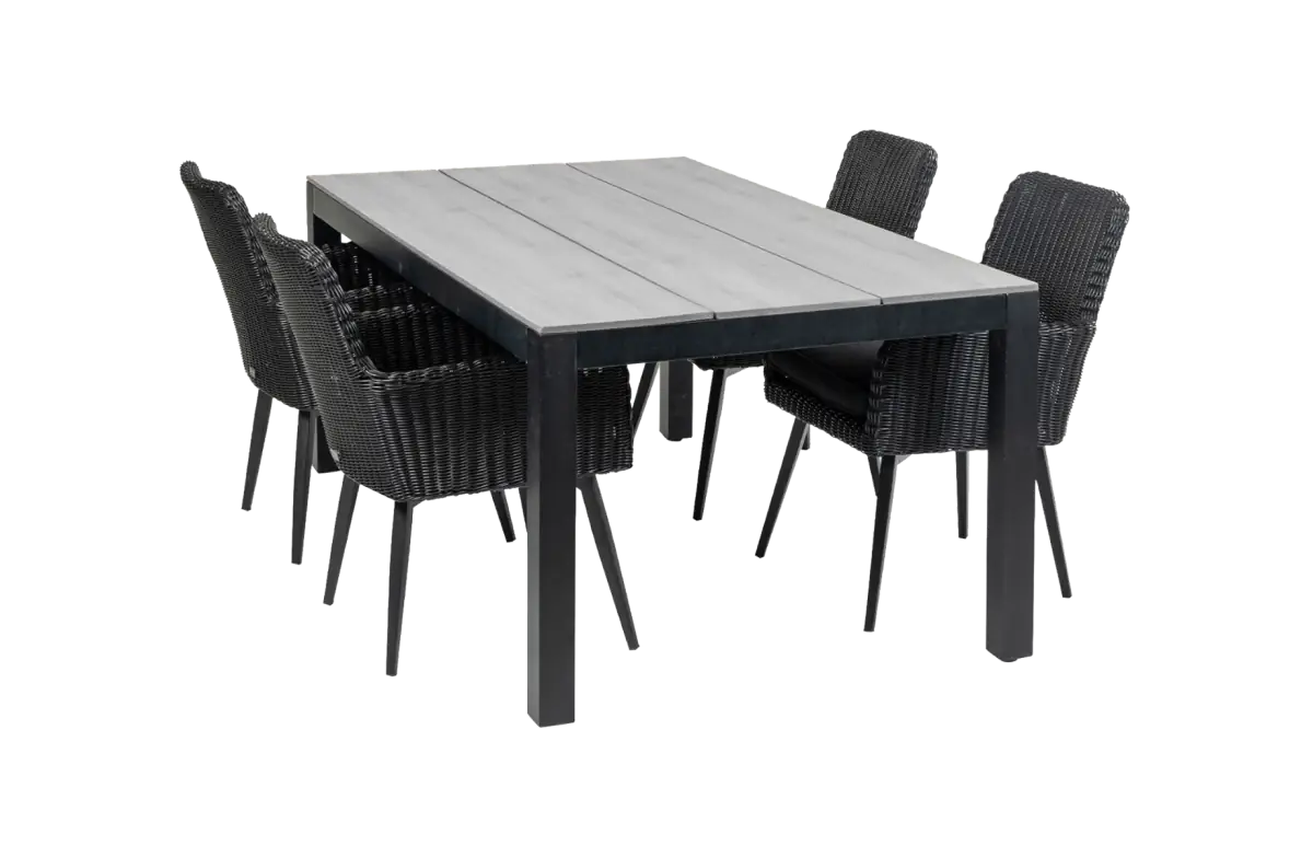 Pisa tuinset-5 delige tuinset-Pisa tuinstoel-Black-polywood tuintafelblad-grey-wicker-aluminium frame