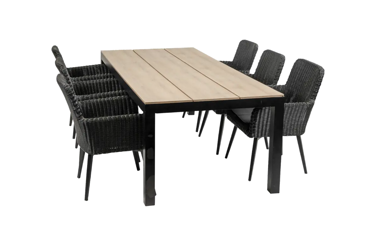 Pisa tuinset-7 delige tuinset-Pisa tuinstoel-black-polywood tuintafel-wicker-aluminium frame