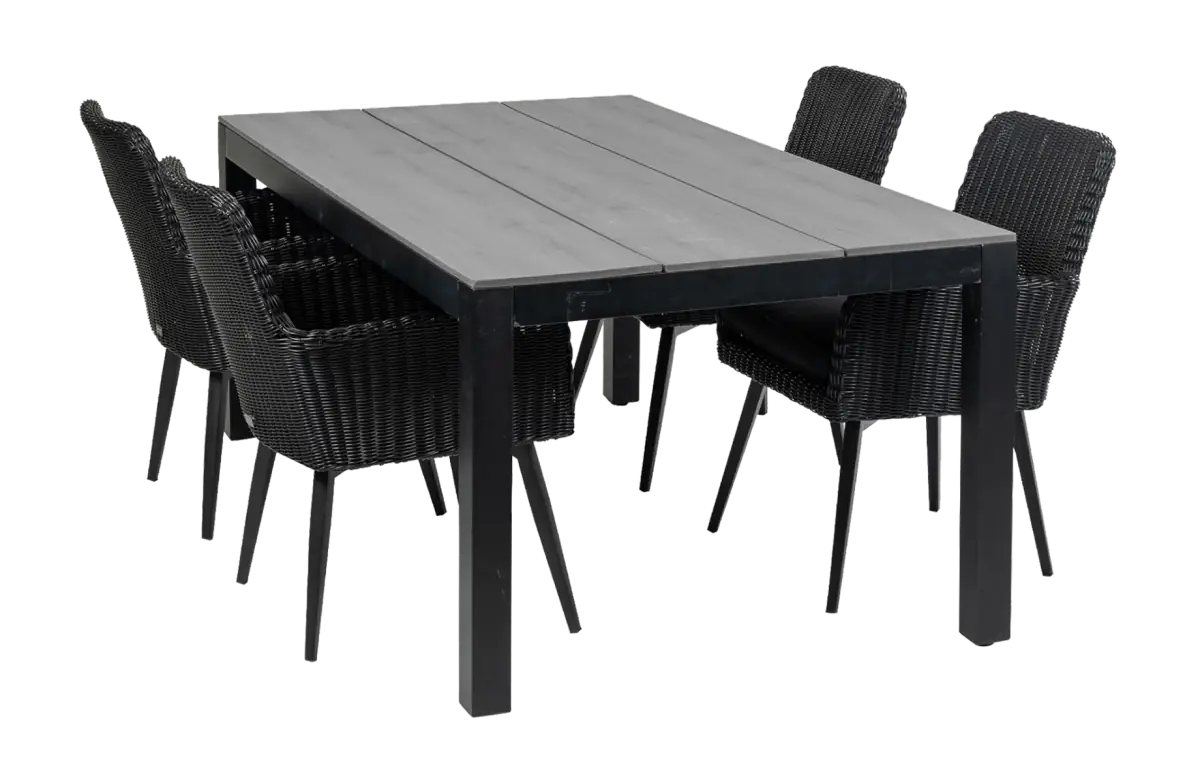 Pisa tuinset-5 delige tuinset-Pisa tuinstoel-Black-polywood tuintafelblad-grey-wicker-aluminium frame