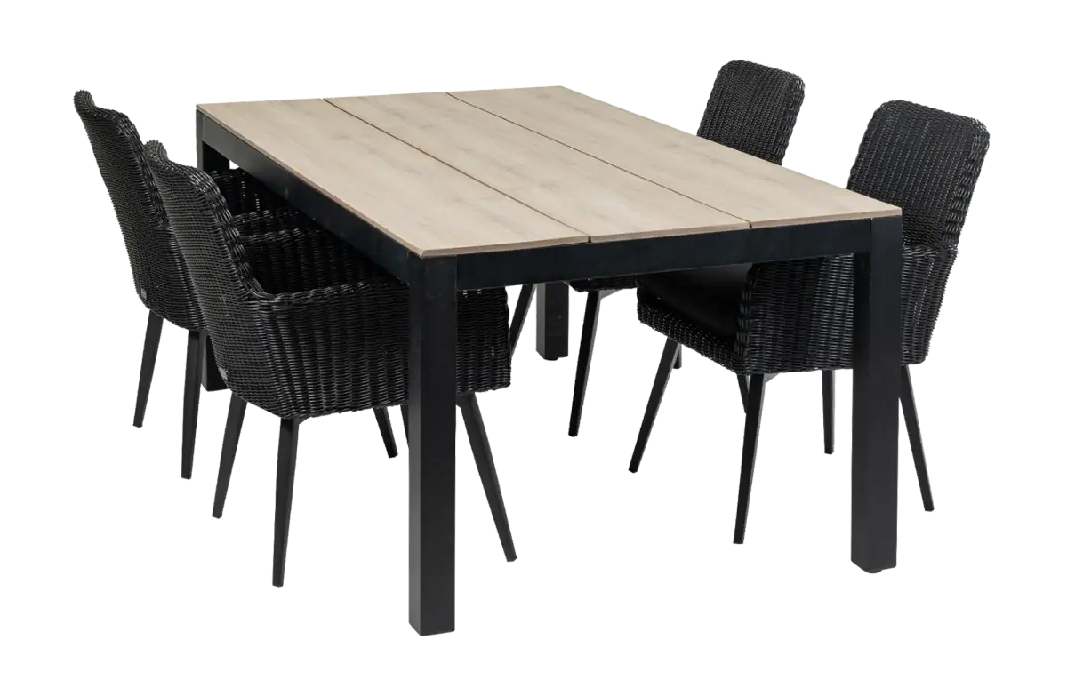 Pisa tuinset-5 delige tuinset-Pisa tuinstoel-black-rond wicker vlechtwerk-aluminium frame-polywood tuintafel-wood kleur tuintafel