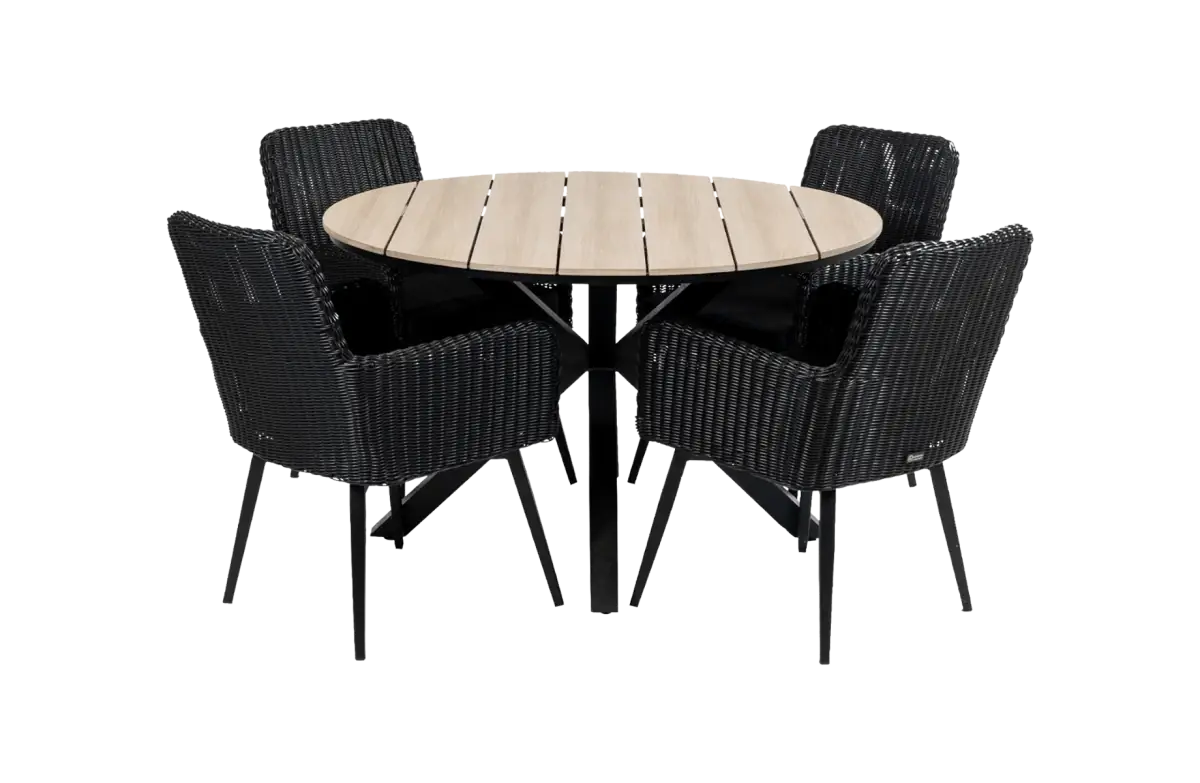 5-delige ronde tuinset | 4 Pisa tuinstoelen (Black) | ⌀120cm Cyprus tuintafel (Wood)
