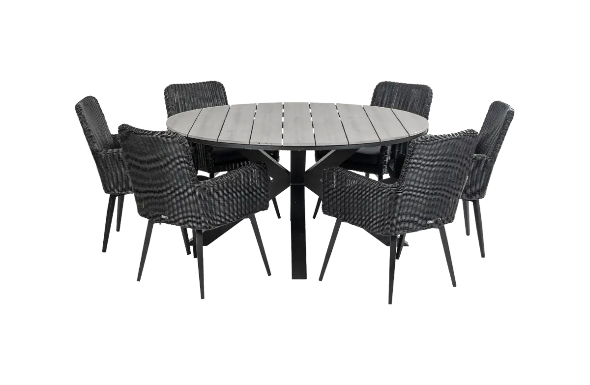 7-delige ronde tuinset | 6 Pisa tuinstoelen (Black) | ⌀150cm Cyprus tuintafel (Grey)