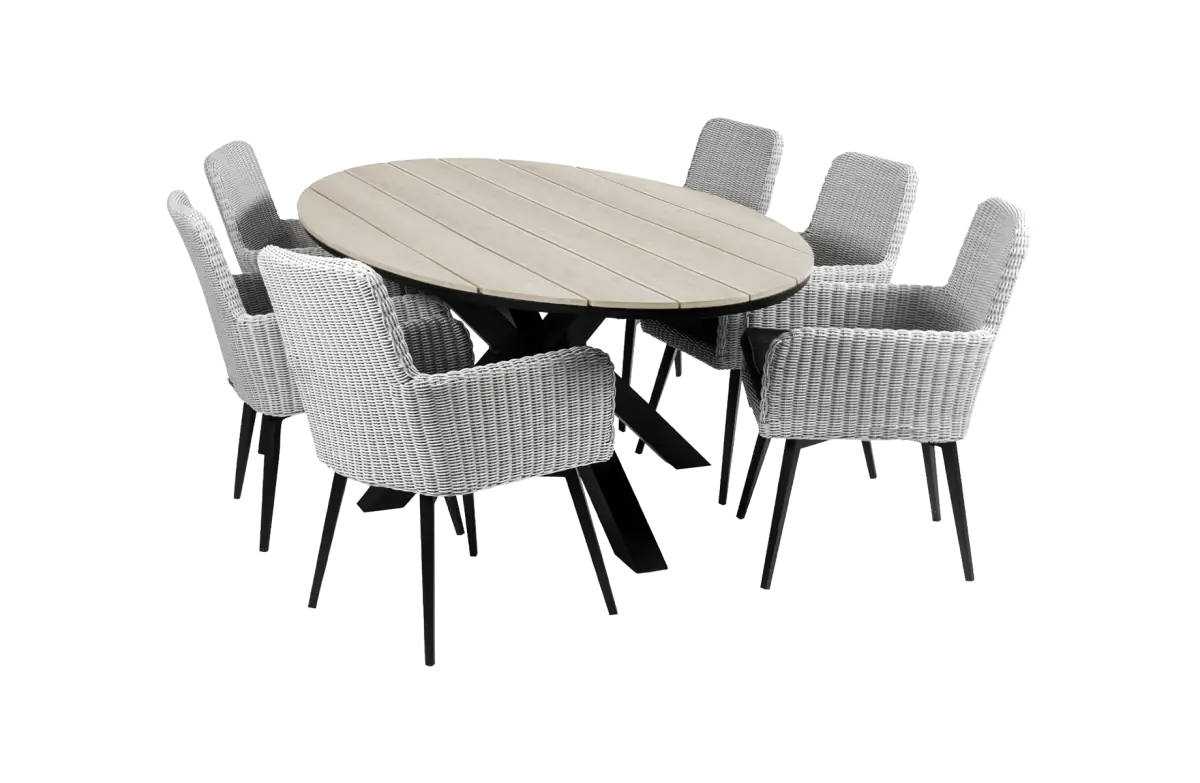 Pisa dining tuinset-7 delige tuinset-Pisa tuinstoel white-aluminium frame-rond wicker vlechtwerk-black zitkussen