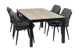 5-delige tuinset | 4 Isabel tuinstoelen (Black) | 180cm Cyprus tuintafel (Wood)