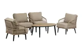 4x Loungestoel Isabel | Sand + Bijzettafel Mykonos Ovaal 120x75cm | Wood | Aluminium & Kunststof