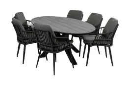 7-delige tuinset | 6 Isabel tuinstoelen (Black) | 220cm ovale Cyprus tuintafel (Grey)