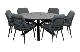 7-delige ronde tuinset | 6 Isabel tuinstoelen (Black) | ø150 cm Cyprus tuintafel (Grey)