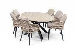 7-delige tuinset | 6 Isabel stoelen (Sand) | 220cm ovale Cyprus tuintafel (Wood)