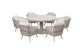 7-Delige ronde tuinset | 6 Aurora tuinstoelen (Sand/Sable) | Tuintafel Lille Ø159cm (Sand)