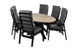 7-Delige tuinset | 6 Berlijn tuinstoelen (Black) | 220cm ovale Cyprus tuintafel (Wood)