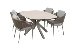 5-delige tuinset | 4 Brindsi tuinstoelen (Latte & Camel) | Tuintafel Malaga 180x115cm (Camel)